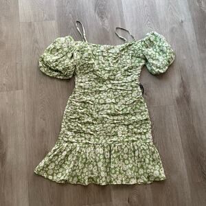 astr the label green floral print puff sleeve ruched mini summer sun dress small